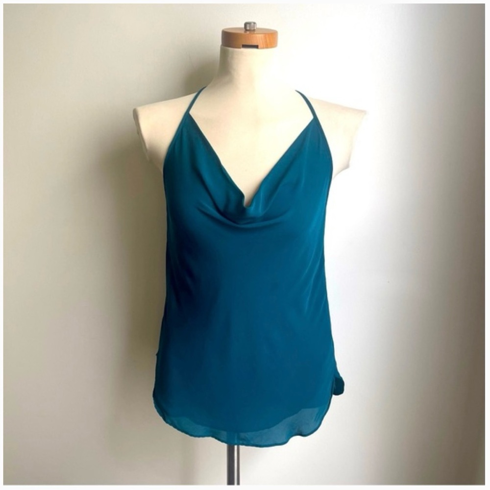Halston Teal 100% Silk Cowl Neck Top